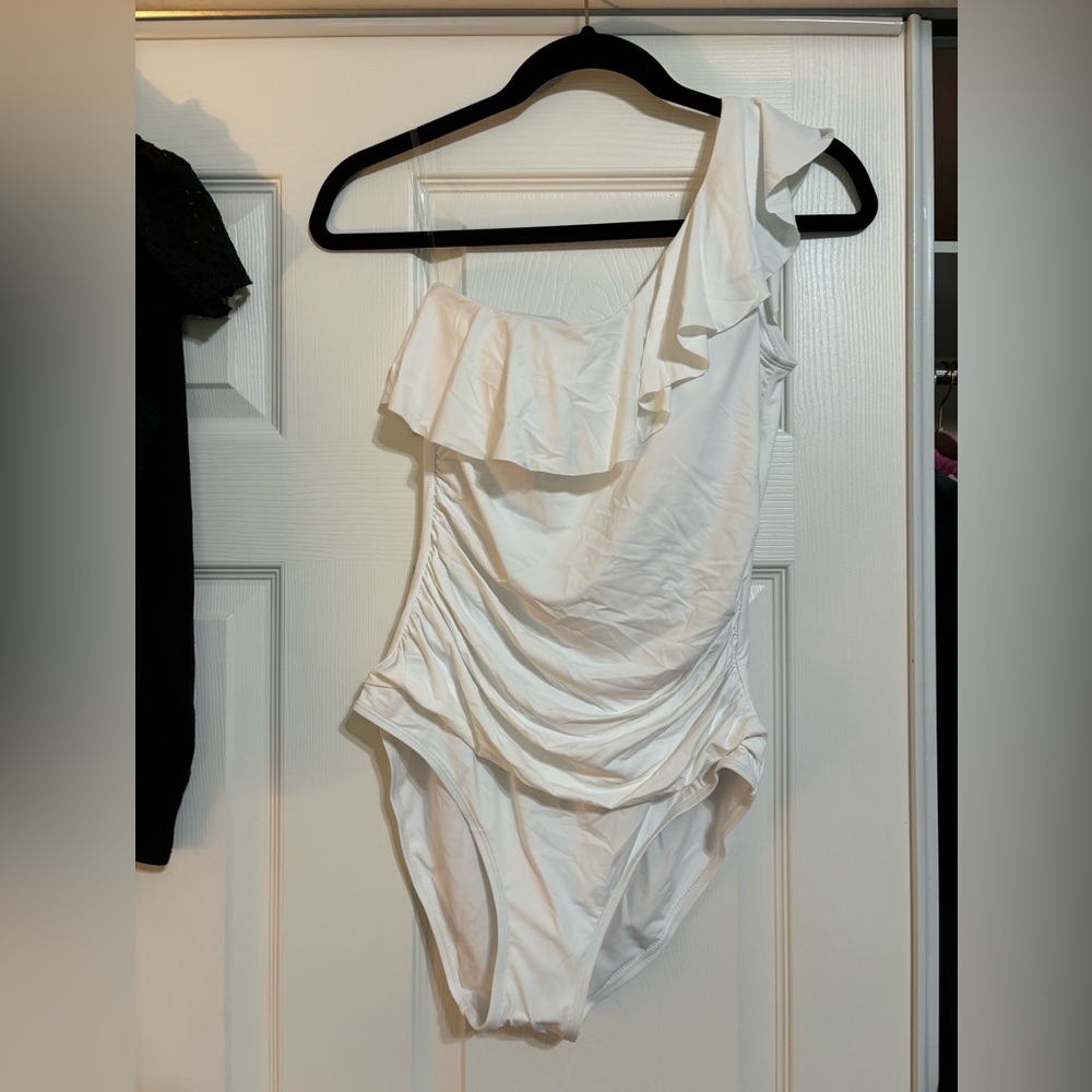 One shoulder white ruffle one piece swimsuit, size 8
